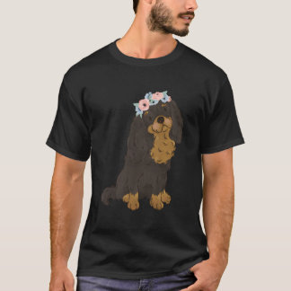 T-shirt Floral Noir Et Tan Cavalier King Charles Spaniel