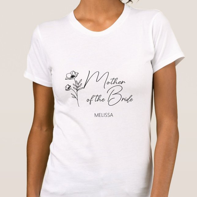 T-shirt Floral Personnalisé Mère de la mariée (Mother of the Bride Shirt with Name, Wildlflower Floral Script Calligraphy, Wedding Party Gifts)