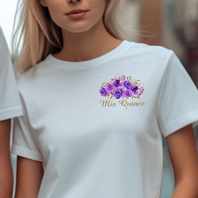 T-shirt Floral pourpre et feuille d'or Mis Quince (Mis Quince Purple floral t-shirt from my Rose and Gold Leaf quinceanera collection)