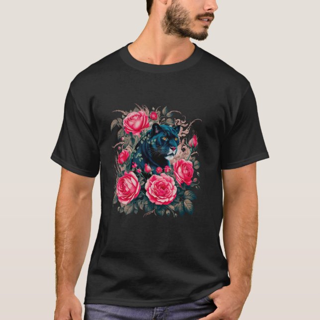 T-shirt Floral Rouge rose roses Panthère noir Feline Vinta (Devant)