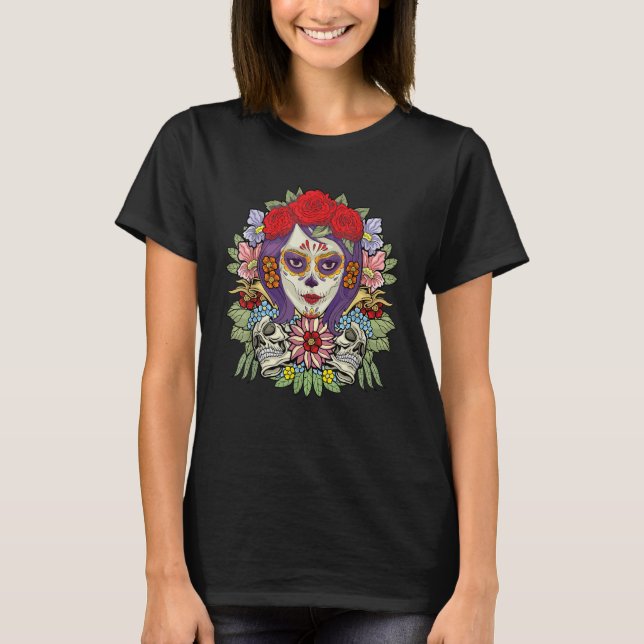 T-shirt Floral Sugar Skull Dia De Muertos Women (Devant)