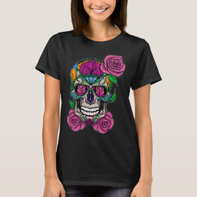T-shirt Flower Skull Sugar Roses Floral Skeleton Cute Punk (Devant)
