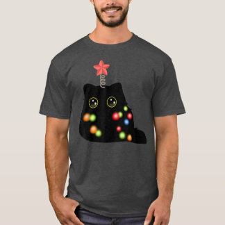 T-shirt Fluffy Christmas Black Cat Santa Hat lumières de N