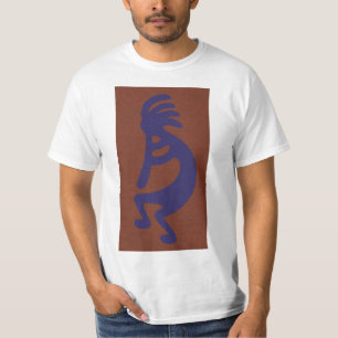 T-shirt Flûte Jouer Kokopelli Figure - Bleu sur rouille Ro