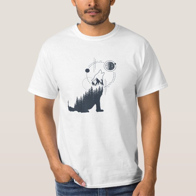 T-shirt Forêt géométrique moderne Wolf Double exposition (Devant)