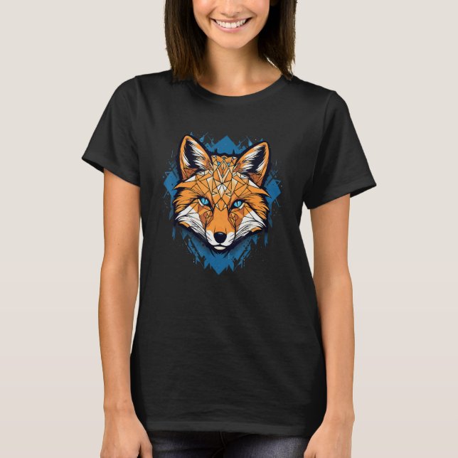 T-shirt Fox Blue Eyes Face Polygon Geometric Animal Print  (Devant)