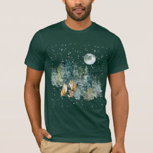T-shirt Fox Family Forest Pleine lune Snowfall
