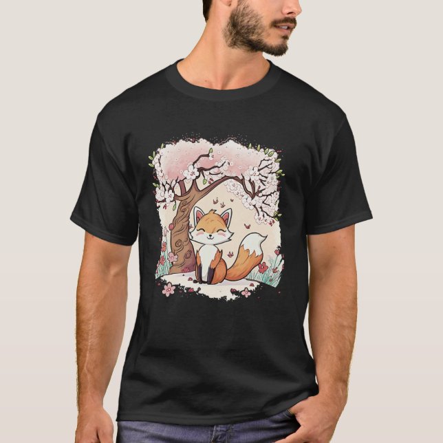T-shirt Fox Vaporwave Under Cherry Blossom Japanese Aesthe (Devant)