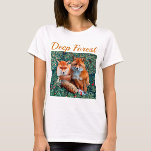 T-SHIRT FOXES ROUGES PARMI FEUILLES VERTS, FOLIAGE, FLEURS