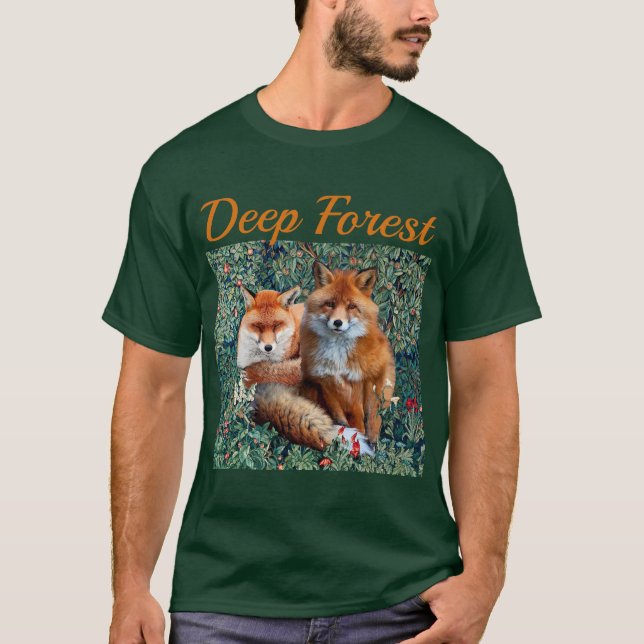 T-SHIRT FOXES ROUGES PARMI FEUILLES VERTS, FOLIAGE, FLEURS (Devant)