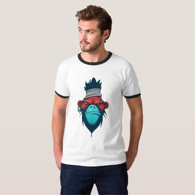 T-shirt frais avec l'image du chef fâché de singe (Devant entier)