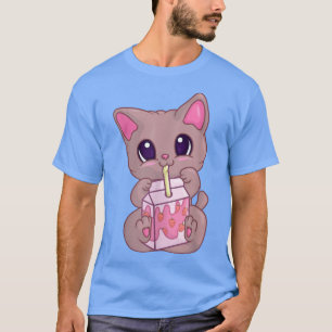 T-shirt Fraise Milkshake Anime Chat Pour Femmes Filles, Ka