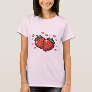 T-shirt Fraises Pixel Art avec Coeurs - Cute Retro