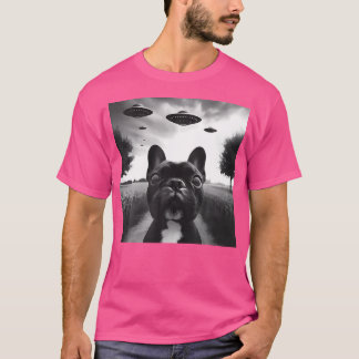 T-shirt Français Bulldog Funny Selfie Graphique Avec Ufos
