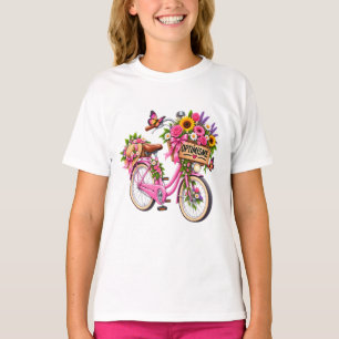 T-Shirt Frau Blumen « Optimismus » – Rosa Fahrrad