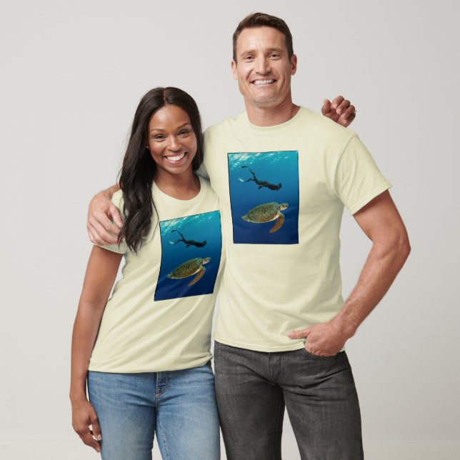 T-shirt Freediver Et Tortue Verte - Bio. Blanc (hommes) (Unisexe)