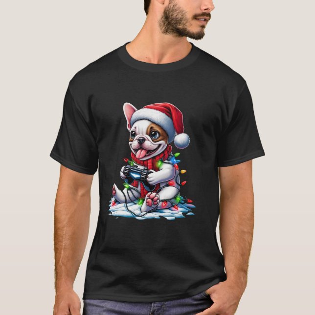 T-shirt French Buldog Light Neige Santa Hat jeu vidéo Con (Devant)