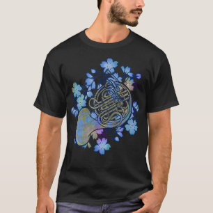T-shirt French Horn Art Band Classe Musique Fleurs Bleues