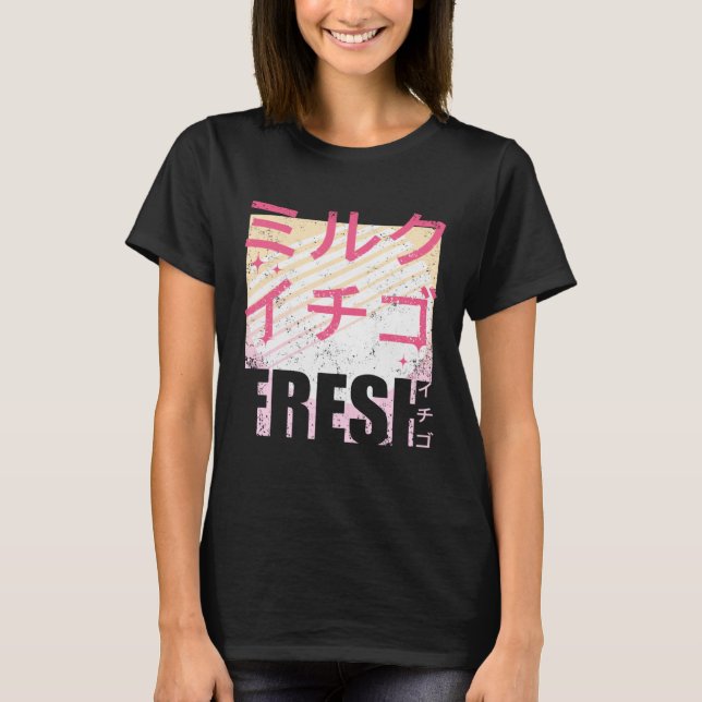 T-shirt Fresh Strawberry Milk Japanese Text 90s Retro Vint (Devant)