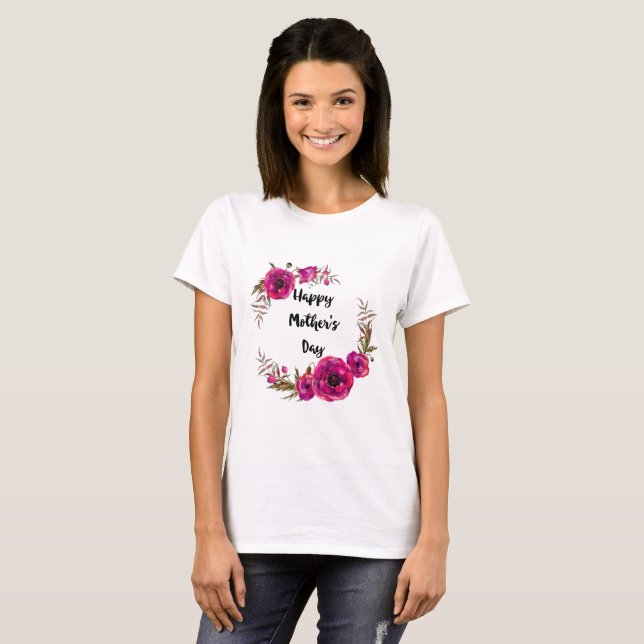 T-shirt Fuchsia Poppies Floral Wreath Bonne fête des mères (Devant entier)