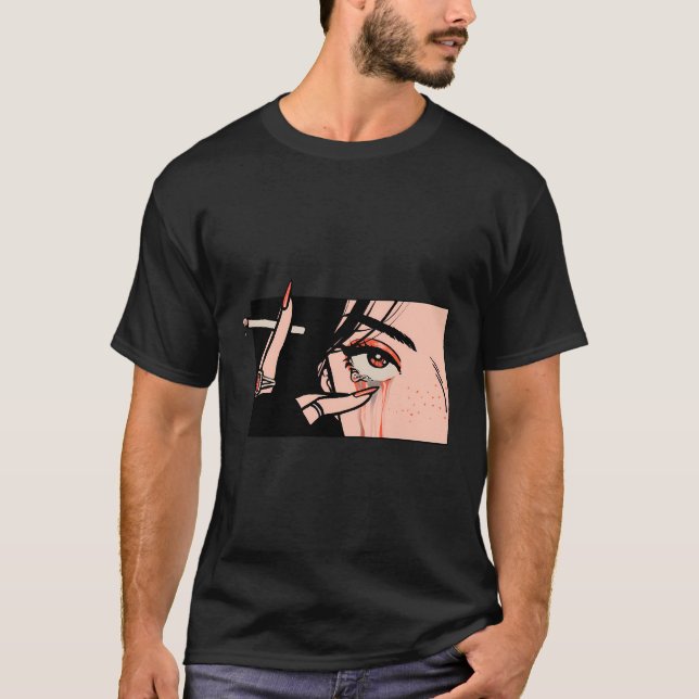 T-shirt Fumer Anime fille yeux Kawaii Japon Art esthétique (Devant)