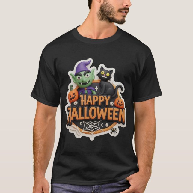 T-shirt Fun 3D Happy Halloween sign with goblin black cat  (Devant)