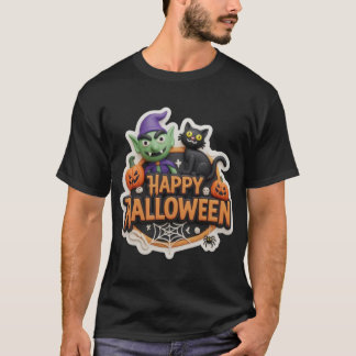 T-shirt Fun 3D Happy Halloween sign with goblin black cat