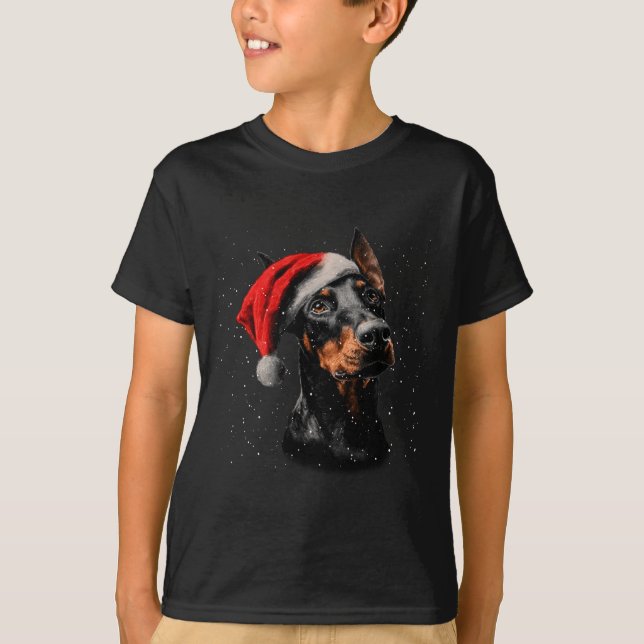 T-shirt Fun Doberman Dog Christmas Lights Santa Hat Long S (Devant)