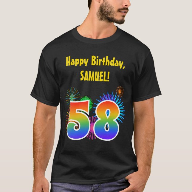 T-shirt Fun Fireworks + Rainbow Motif "58" Anniversaire # (Devant)