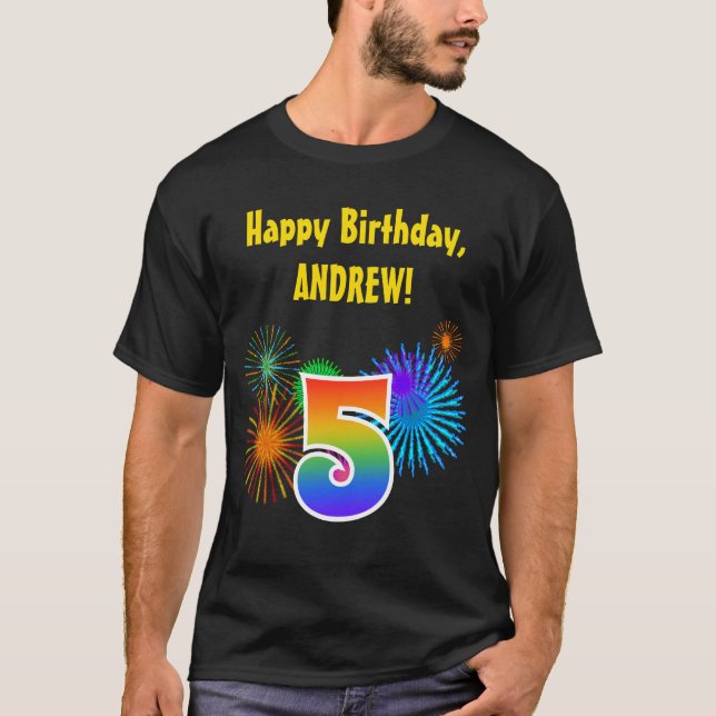 T-shirt Fun Fireworks + Rainbow Motif "5" Anniversaire # (Devant)