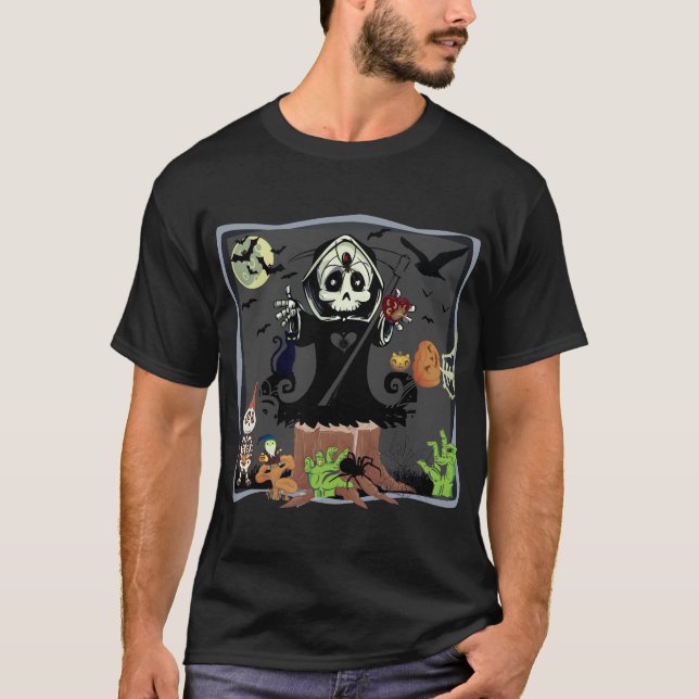 T-shirt Fun Halloween Grim Reaper Zombies Citrouille Squel (Devant)