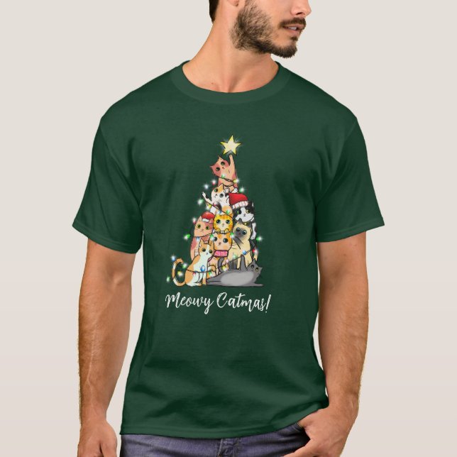 T-shirt Fun Meowy Catmas Cat Christmas Tree (Devant)