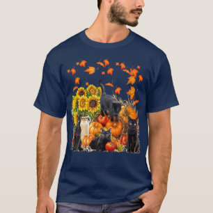 T-shirt Funky Black Cat Leaf Automne Bonjour Automne Pour