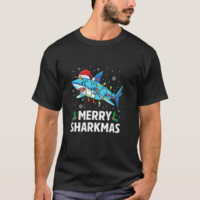 T-shirt Funky Merry Sharkmas Cute Shark Santa Hat Ugly Chr (Devant)