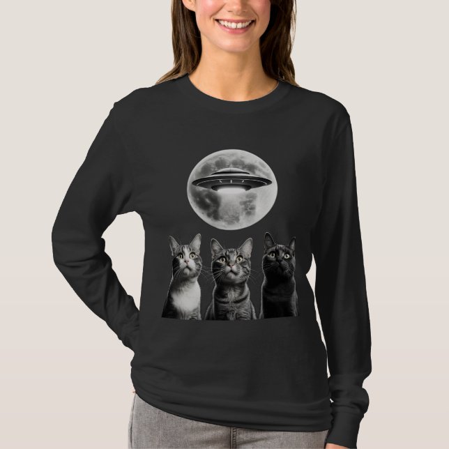 T-shirt Funny 3 chats effrayés Lune UFO Alien Earth Invasi (Devant)