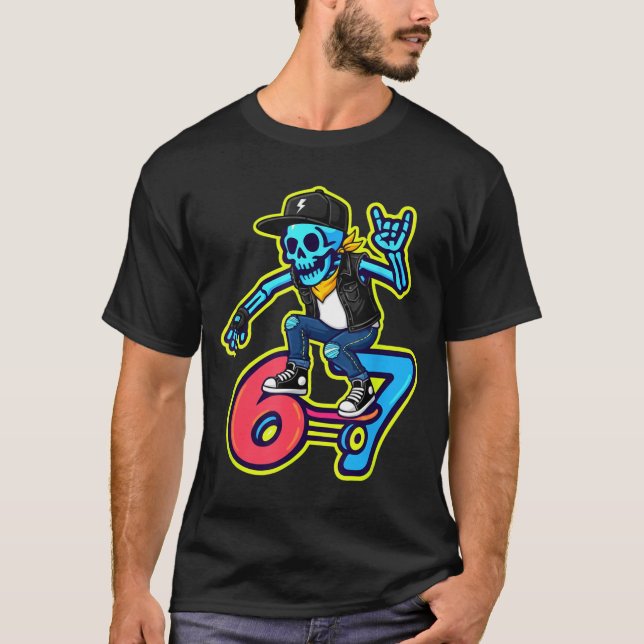 T-shirt Funny 67 Skeleton Skater Meme Retro Skateboarding  (Devant)