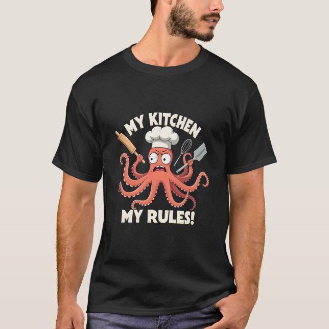 T-shirt Funny Angry Chef Octopus - My Kitchen, My Rules (Devant)