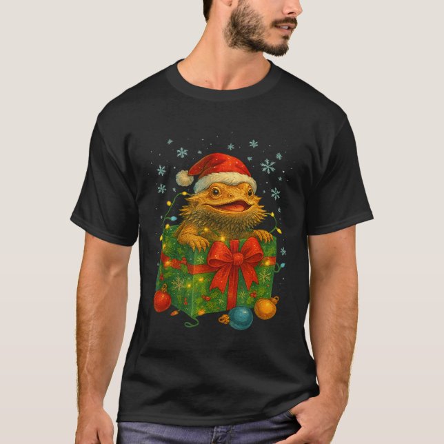 T-shirt Funny Bearded Dragons Santa Christmas Tree Lights  (Devant)