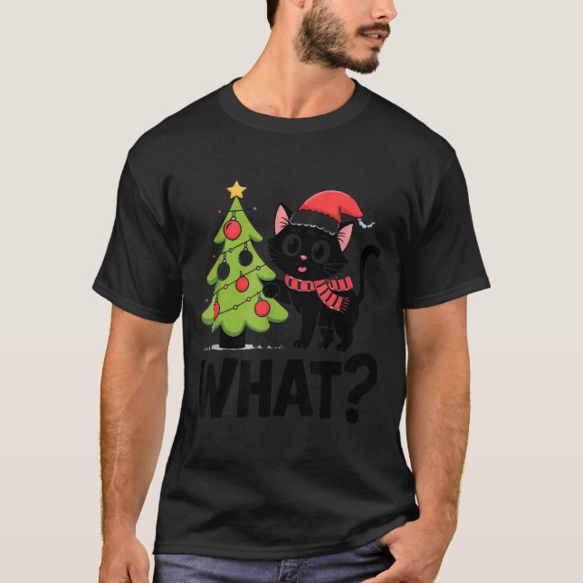 T-shirt Funny Black Ca Pushing Christmas Tree Over Cat Wha (Devant)