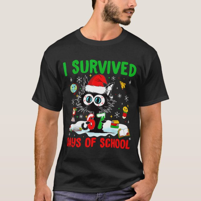 T-shirt Funny Black Cat Christmas I Survived 67 Days Of Sc (Devant)
