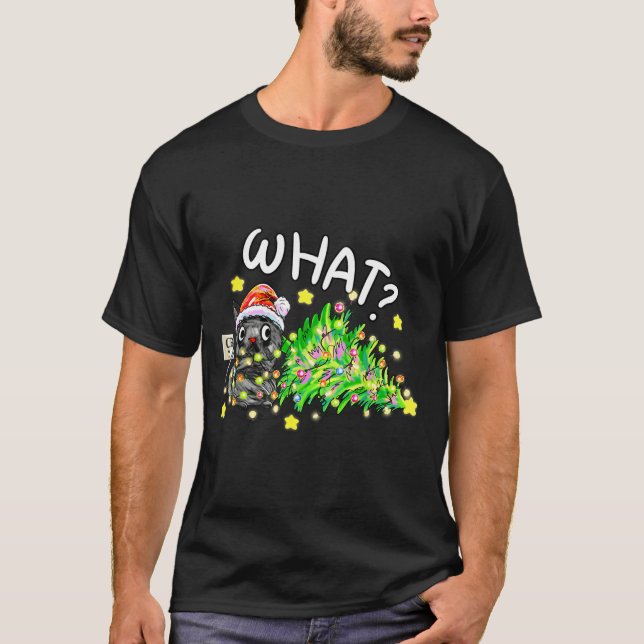 T-shirt Funny Black Cat Gift Pushing Christmas Tree Over C (Devant)