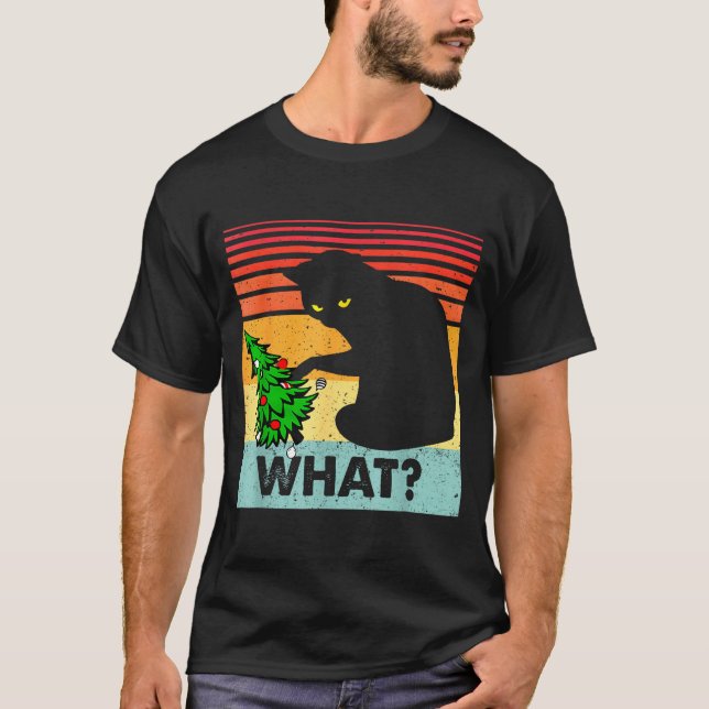 T-shirt Funny Black Cat Gift Pushing Christmas Tree Over C (Devant)