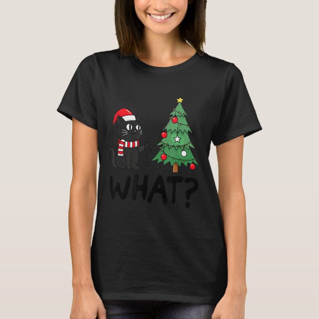 T-shirt Funny Black Cat Pushing Christmas Tree Over Cat Wh (Devant)