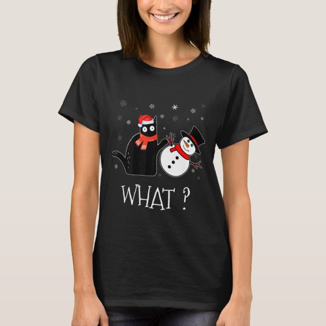 T-shirt Funny Black Cat Pushing Snowman Christmas Winter C (Devant)