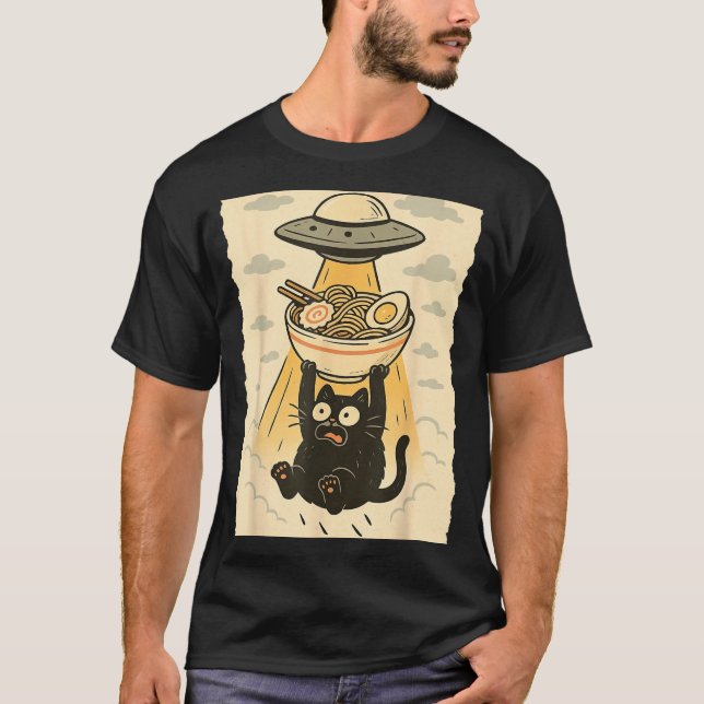 T-shirt Funny Black Cat Ufo Ramen Alien Abduction Graphic  (Devant)