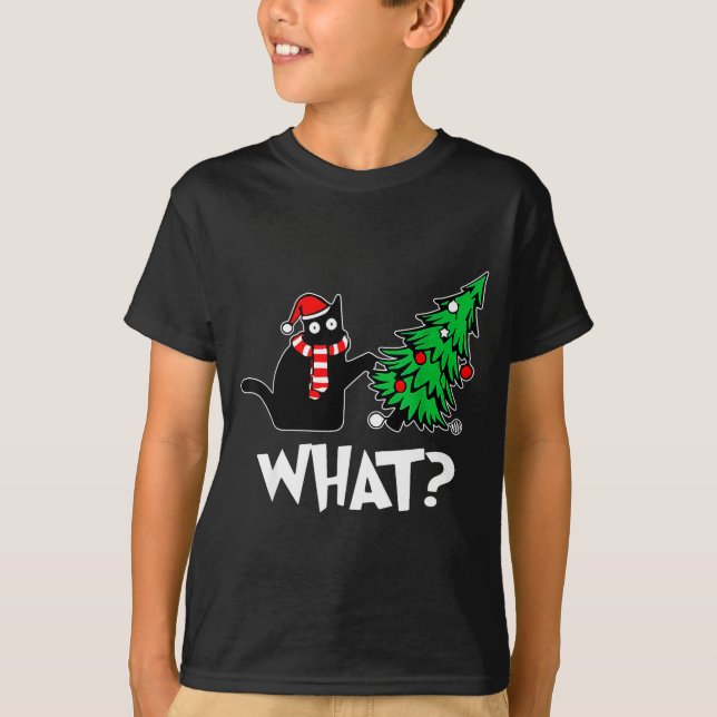 T-shirt Funny Black Cat Xmas Pushing Christmas Tree Over C (Devant)