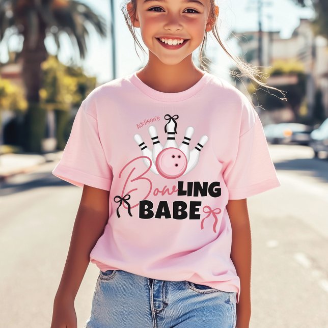 T-shirt Funny BOWling BABE Girly Pink Bows Birthday Party (Funny BOWling BABE theme birthday guest pink black white bows matching girl birthday guest t-shirt)