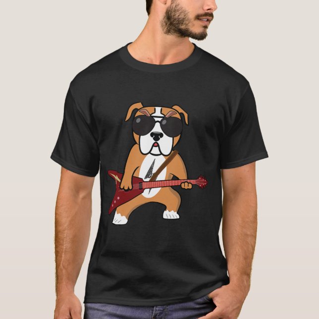 T-shirt Funny Bulldog Rocker Jouer de la Guitare Rock (Devant)