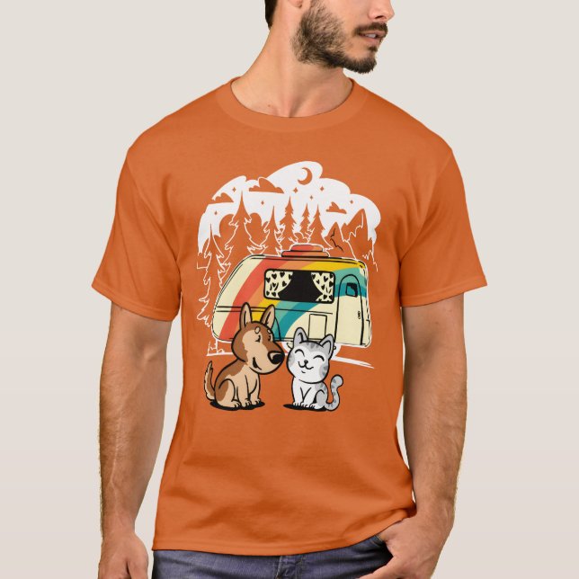 T-shirt Funny Cat and Dog Camping with Friends Caravan fri (Devant)