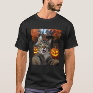 T-shirt Funny Cat Selfie avec une sorcière et fantôme Hall
